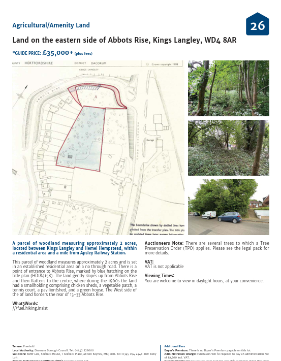 Auction particulars for Lot 26, the woodland at Abbots Rise, Kings Langley, showing the site plan and photographs of the woodland.